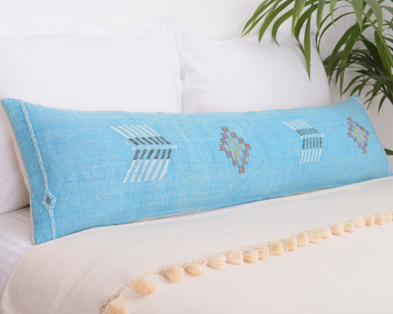 Cactus Silk Moroccan Sabra Lumbar Throw with Design, Curious Blue - Rectangle 12x47"