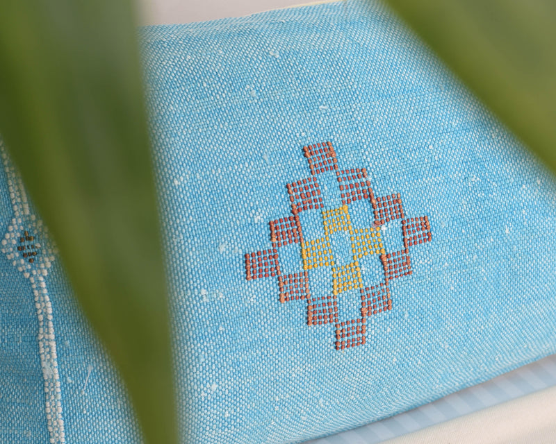 Cactus Silk Moroccan Sabra Lumbar Throw with Design, Curious Blue - Rectangle 12x47" (CTS-J06)