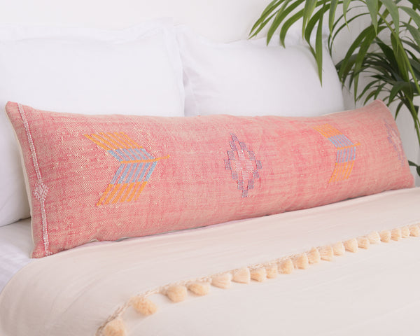 Cactus Silk Moroccan Sabra Lumbar Throw with Design, Watermelon Pink - Rectangle 12x47"