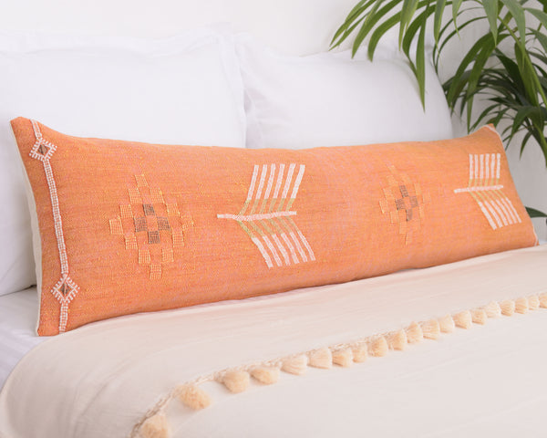 Cactus Silk Moroccan Sabra Lumbar Throw with Design, Tangerine Orange - Rectangle 12x47"