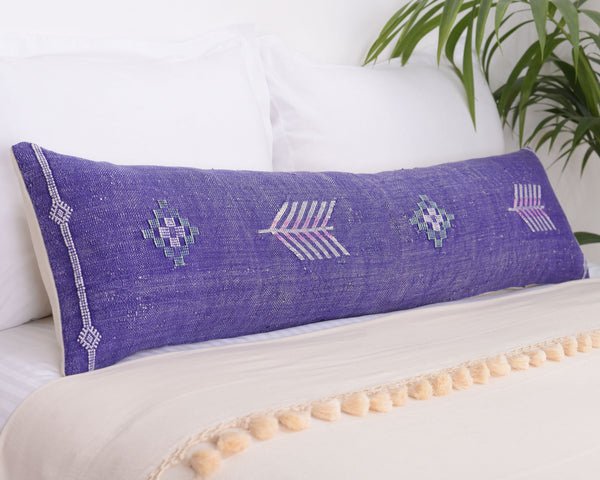 Cactus Silk Moroccan Sabra Lumbar Throw with Design, Indigo Purple - Rectangle 12x47"
