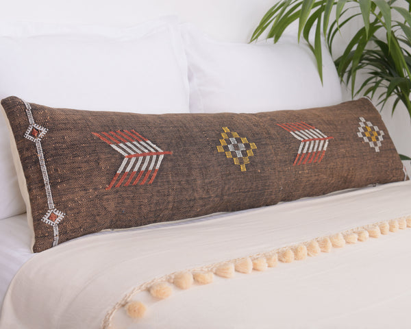 Cactus Silk Moroccan Sabra Lumbar Throw with Design, Coffee Brown - Rectangle 12x47"