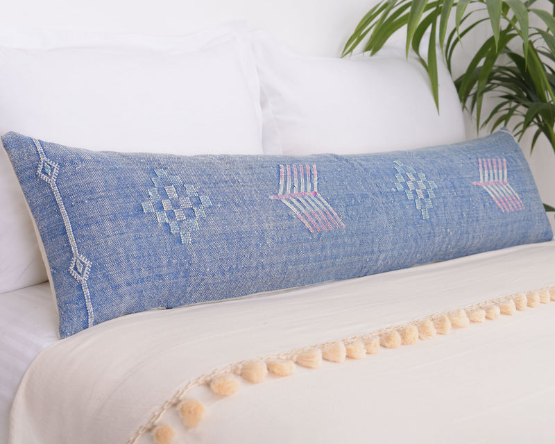 Cactus Silk Moroccan Sabra Lumbar Throw with Design, Cornflower Blue - Rectangle 12x47"