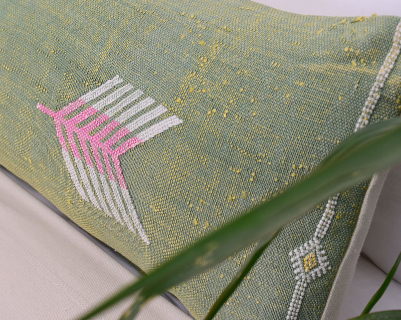 Cactus Silk Moroccan Sabra Lumbar Throw with Design, Pistachio Green - Rectangle 12x47" (CTS-J26)