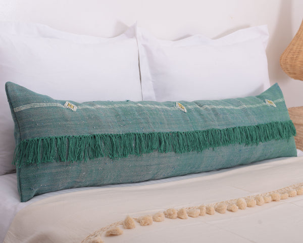 Cactus Silk Moroccan Sabra Lumbar Throw with Fringe, Avocado Green - Rectangle 12"x47" 