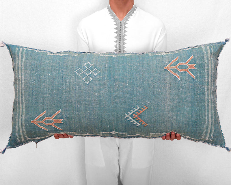 Cactus Silk Moroccan Sabra Lumbar Throw, Teal Blue - Rectangle 20"x40" (CTS-L128)
