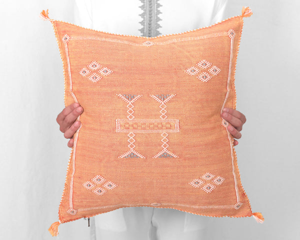 Cactus Silk Moroccan Sabra Pillow Throw, Tangerine Orange - Square 20"x20"