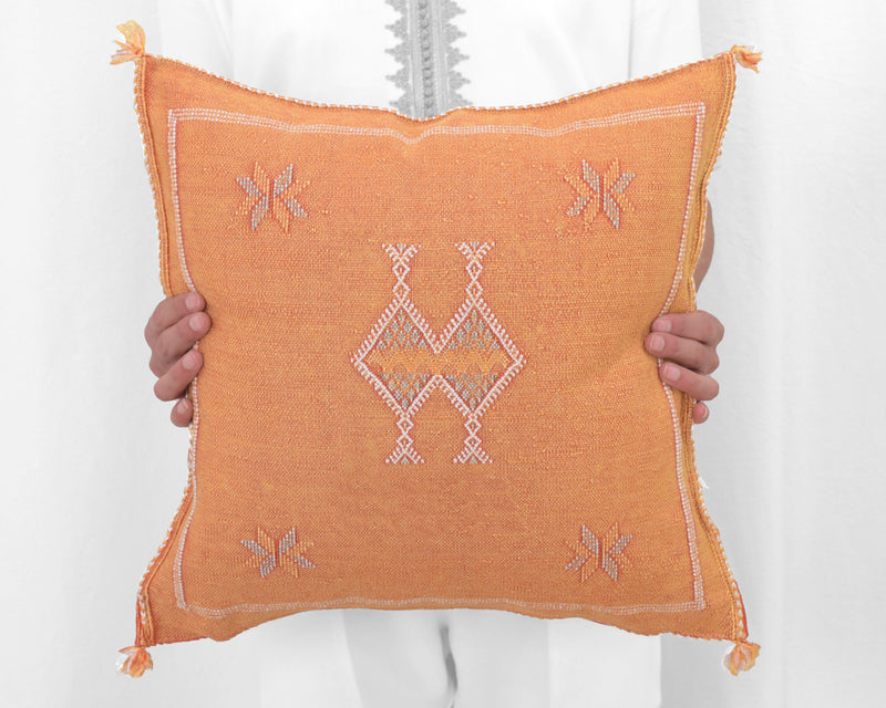 Cactus Silk Moroccan Sabra Pillow Throw, Tangerine Orange - Square 18"x18"