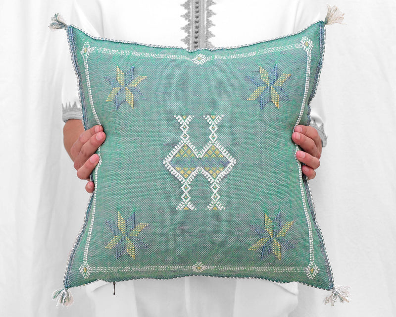 Cactus Silk Moroccan Sabra Pillow Throw, Jade Green - Square 18"x18"